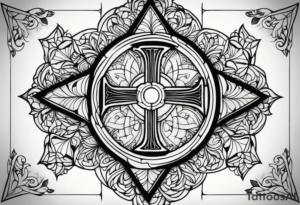 Tattoo: A refined cross with a soft halo on top of it, symbolizing light and spirituality. Delicate rays extend outward from the halo, adding a subtle glow and depth. The cross itself is simple and elegant, with potential for small, intricate line details within the design. tattoo idea