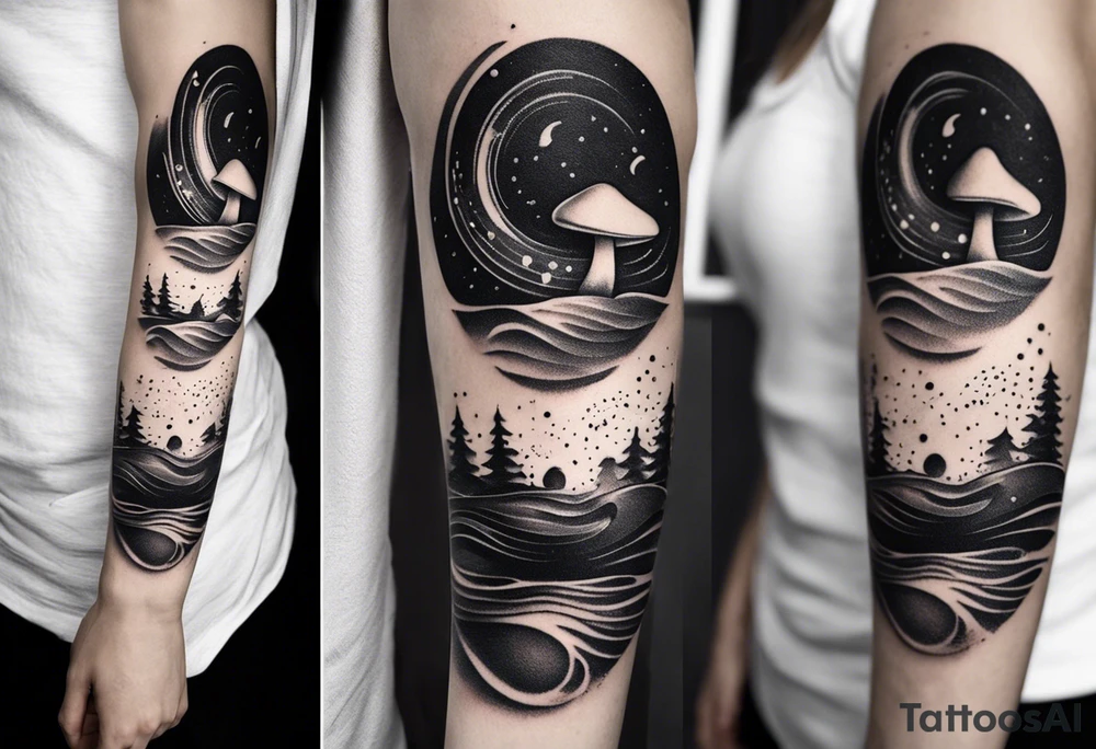 lots of empty space with simple line of icons down the back of the arm. there are four icons in this order:

1. a music note on a staff
2. a wave of water
3. a pocket
4. mushroom tattoo idea