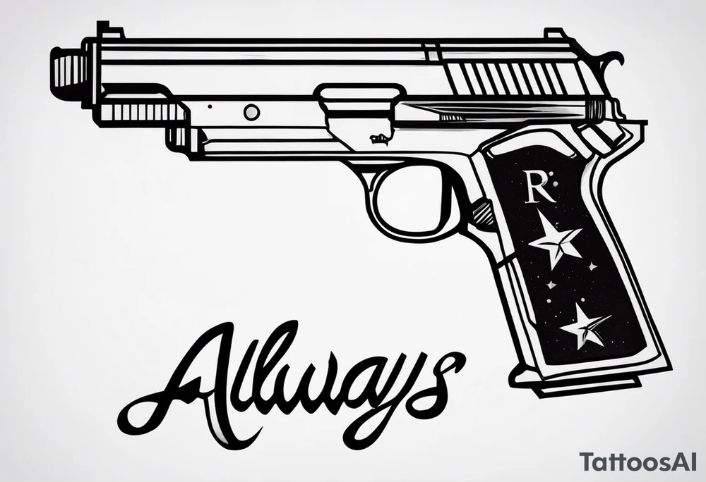 The letters AR with a pistol on each side and the word always on the top and ready on the bottom tattoo idea