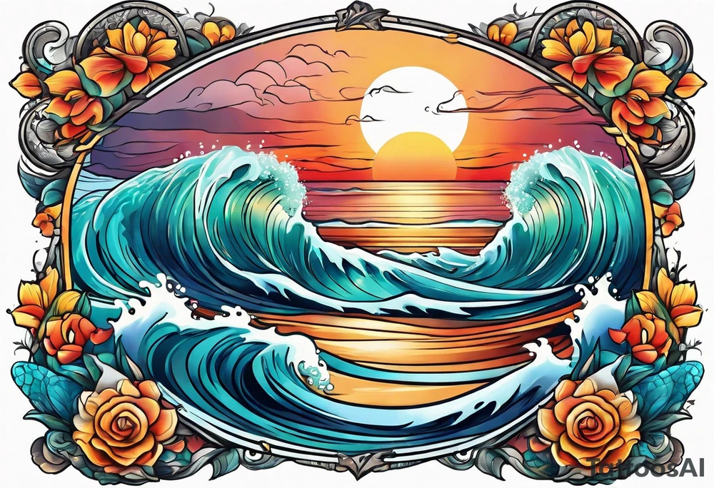 ocean sunrise sleeve tattoo idea