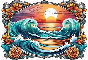 ocean sunrise sleeve tattoo idea