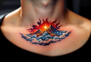 Inked in a burning gradient from red to orange, the quote “Through hardships to the stars” rises over storm clouds into twinkling silver stars. tattoo idea