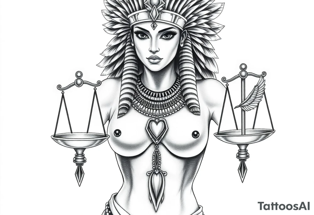 Sexy Egyptian goddess with a curvy body, breasts showing, and wide hips. She is wearing an ostrich feather headdress, and intricate ancient Egyptian jewelry the Anhk necklace. Background includes something similar to heaven. Incorporate the Scales of Justice—one side holding a heart, the other Ma’at’s feather—glowing with ethereal energy. Emphasize dramatic lighting, deep shadows, and surreal, mystical atmosphere tattoo idea