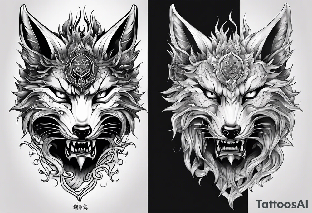 Split one side kitsune, other side oni mask tattoo idea Split one side kitsune, other side oni mask tattoo idea