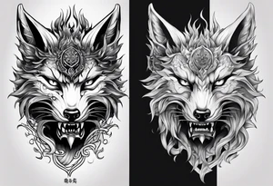 Split one side kitsune, other side oni mask tattoo idea