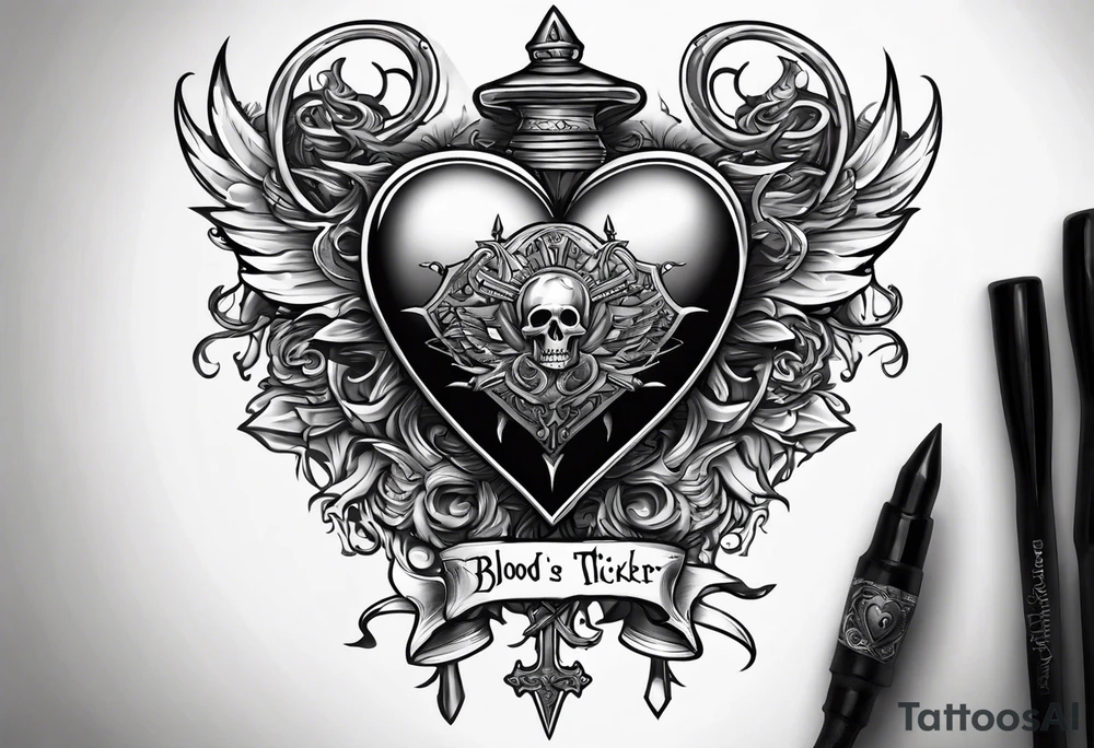 Heart pierced with daggers with a banner saying “blood is thicker than water “ tattoo idea