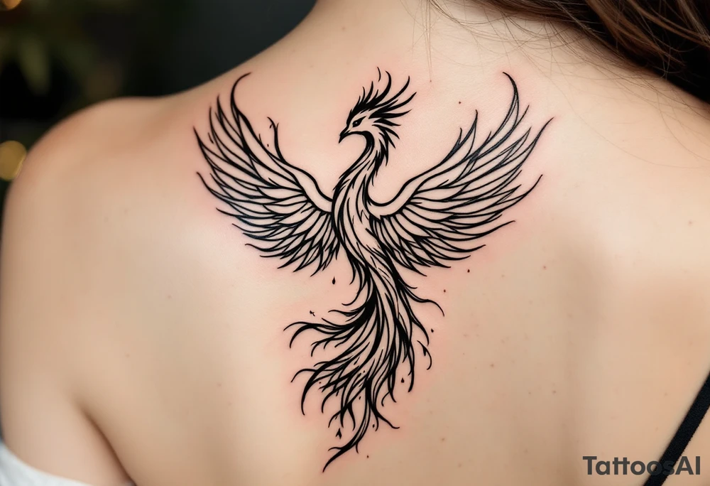 magnificent phoenix rising from golden flames with trailing embers tattoo idea