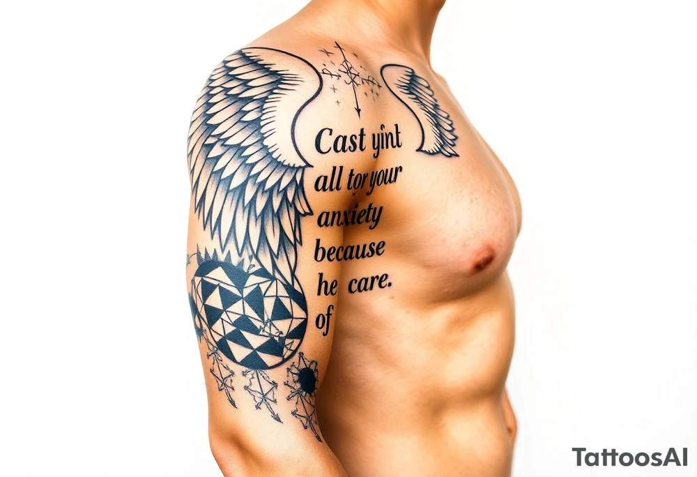 cast all your anxiety on him because he cares for you" with angels tattoo idea