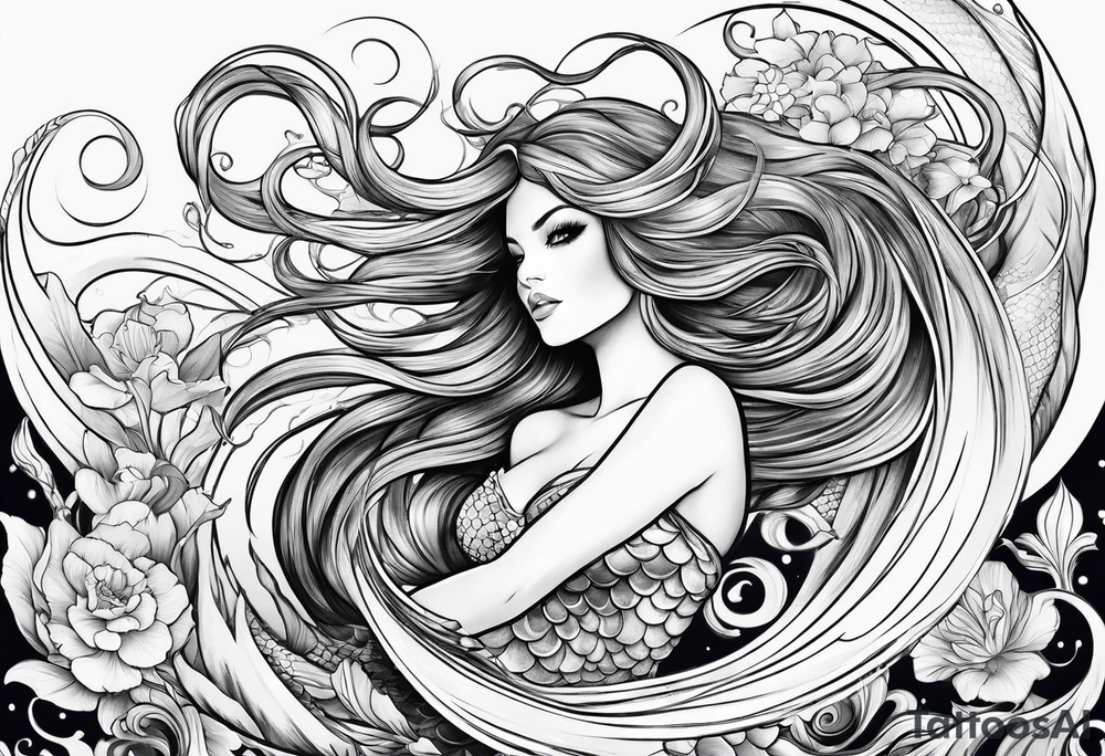 sexy full bodied mermaid with flowing tail and hair, tattoo sleeve tattoo idea