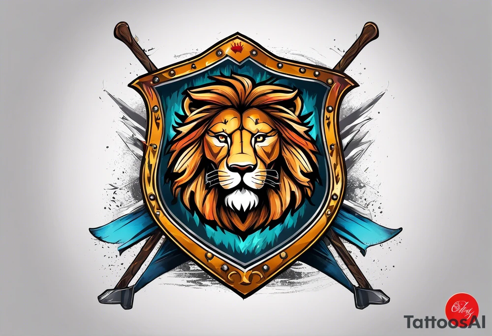 Epic shield with skis crossed behind it and a lion tattoo idea