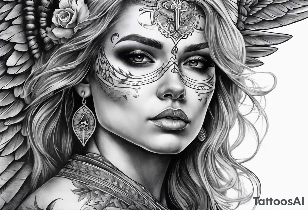 realistic angel with skull face tattoo idea