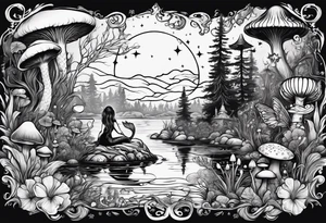 A mermaid under the stars in a swamp with cypress trees, mushrooms, frogs and bugs. tattoo idea