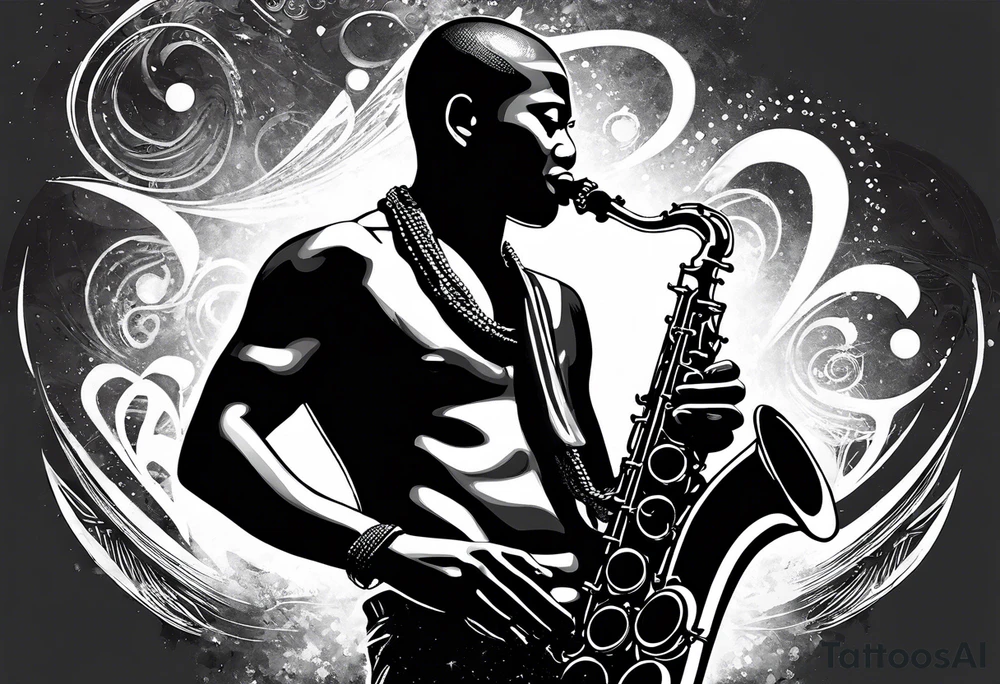 Muay Thai boxer with strong body is playing jazz on a Selmer tenor saxophone in a jazz club front of a jazz trio band. The notes are coming out from the saxophone and turning into buddhist symbols. tattoo idea