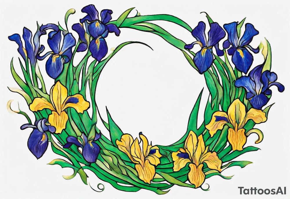 Create a small colorful Vincent van Gogh Irises tattoo in the form of a crescent, with vines or Celtic knots gracefully intertwining at a central point in the middle of the wreath.  In the middle of the wreath are mountains and other items found in New Mexico. Ensure that the design avoids the appearance of a bush and maintains a more structured and deliberate arrangement. The intended placement is on the upper chest. The overall design should be small in size while maintaining a delicate and artistic aesthetic. Pay attention to the graceful flow of the vines and the placement of the irises to achieve a refined and elegant look. tattoo idea