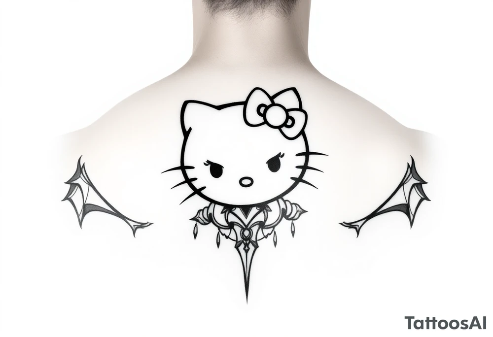 white background, cyber sigilism art / neo primal inspired hello kitty tattoo idea
