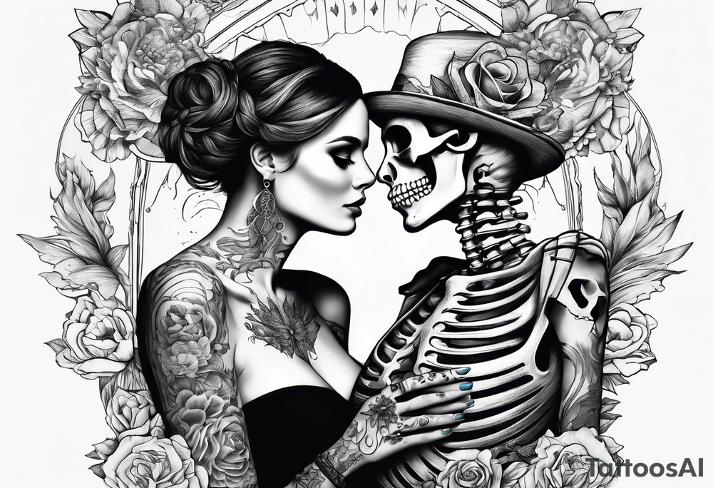 A skeleton and woman together With a quote tattoo idea