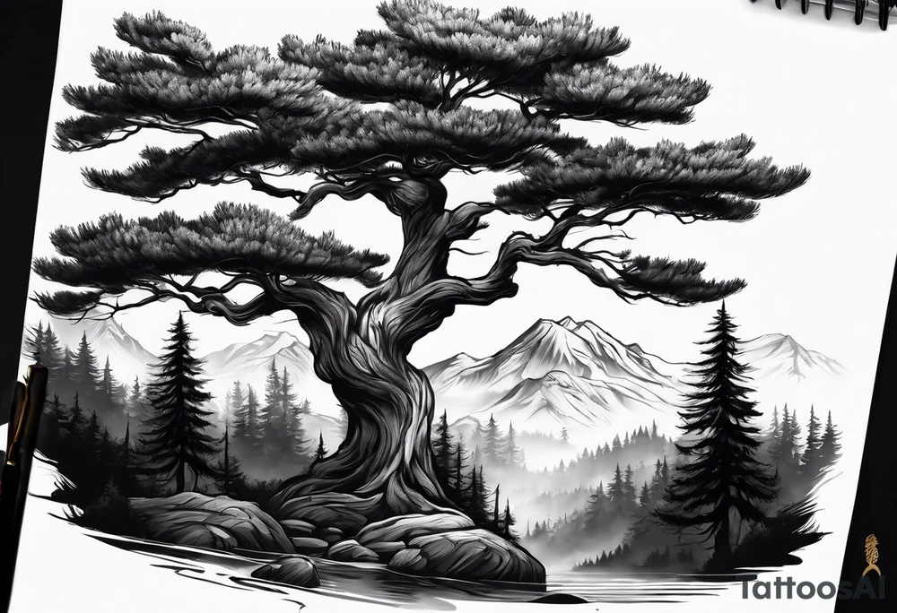 Full back tattoo ancient pine tree Forrest tattoo idea