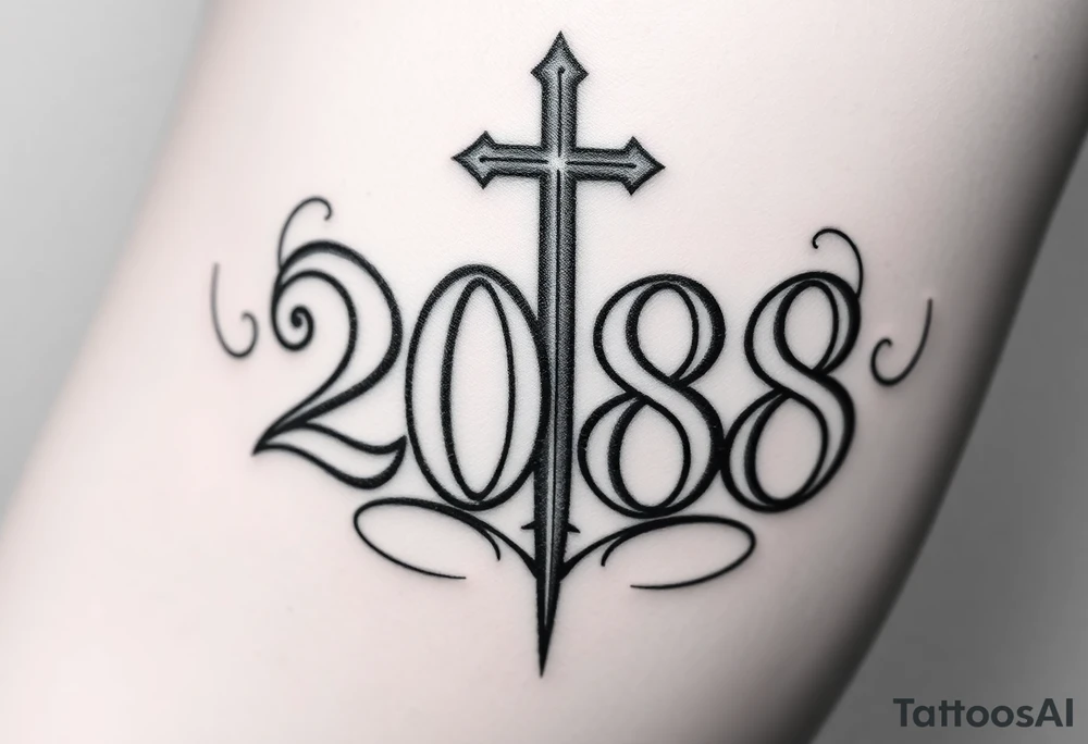 the year 2008 written in font gong down my leg with a cross behind the year tattoo idea