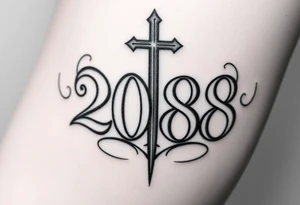 the year 2008 written in font gong down my leg with a cross behind the year tattoo idea