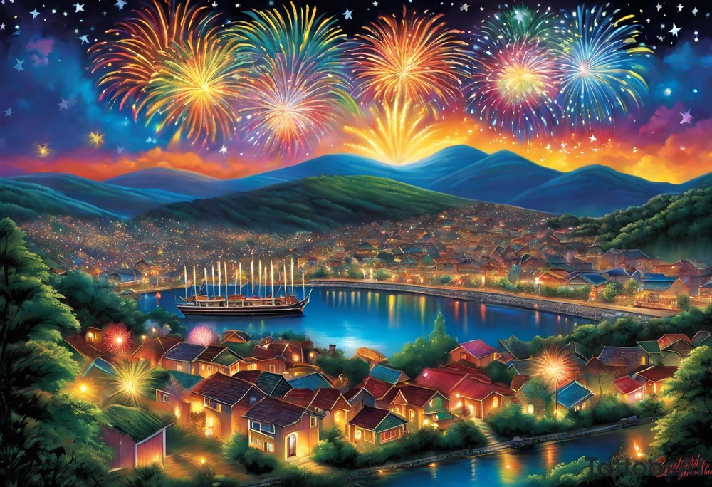 Fireworks burst across the night sky, surrounded by glowing candles and stars, capturing the magic and nostalgia of Colombian December nights. The scene is vibrant with multi-colored lights and an air of celebration. Soft linework mist or halos around the fireworks adds a magical, dreamy quality to the scene. The tattoo reflects joy and tradition, with an emphasis on warmth and festivity. tattoo idea
