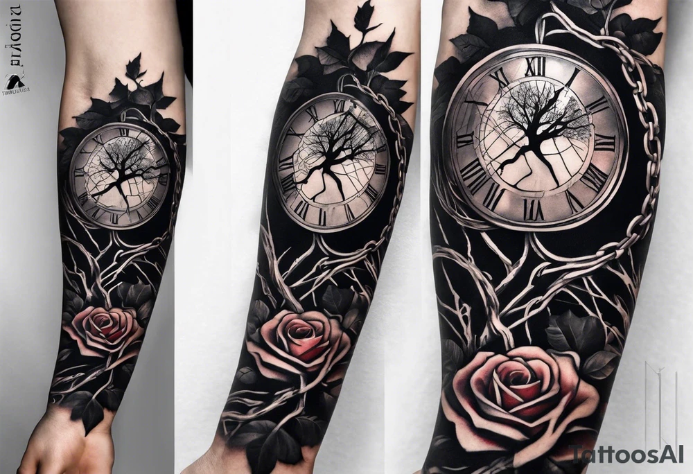 tattoo sleeve, tree roots break out of the chains at the bottom of the hand, Symbolizing loss, an image of a broken mask, Clock with flying numbers, girl, skull, roses tattoo idea