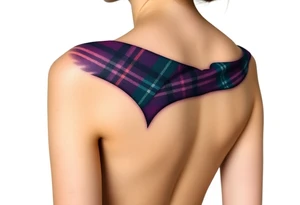 Lower chest

Dark Purple with green pink blue and white highlights tartan fabric with skin around edges peeling and wrapping around side of shoulder tattoo idea