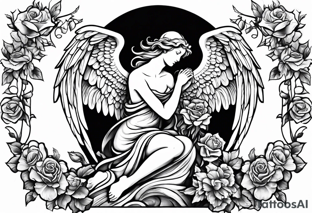 Angel statue stood on a rock with daffodils and roses wrapped around its legs tattoo idea