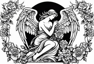 Angel statue stood on a rock with daffodils and roses wrapped around its legs tattoo idea
