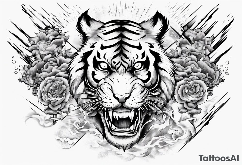 tiger warrior with lightning and the sun for a forearm sleeve tattoo idea