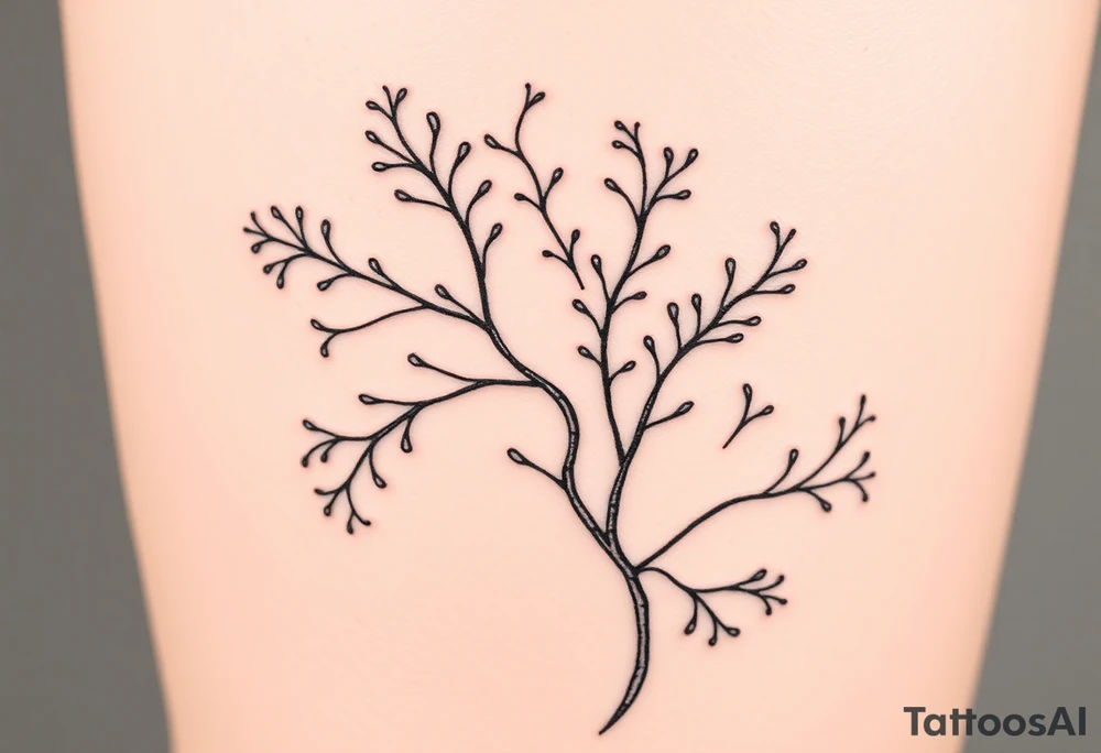 Detailed tattoo design of Asparagopsis taxiformis red algae gametophyte stage botanical illustration style, delicate branching fronds, flowing organic lines, black and grey, designed for calf placement, vertical composition” tattoo idea