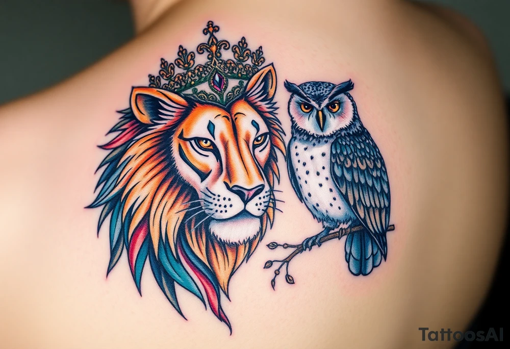 powerful majestic female Leo lion wearing a tiara and male owl nearby  surrounded by infinity of love tattoo idea