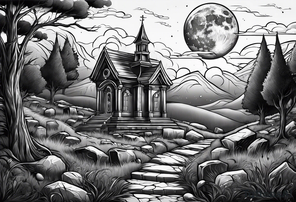Graveyard with moon and smoke  on hills tattoo idea
