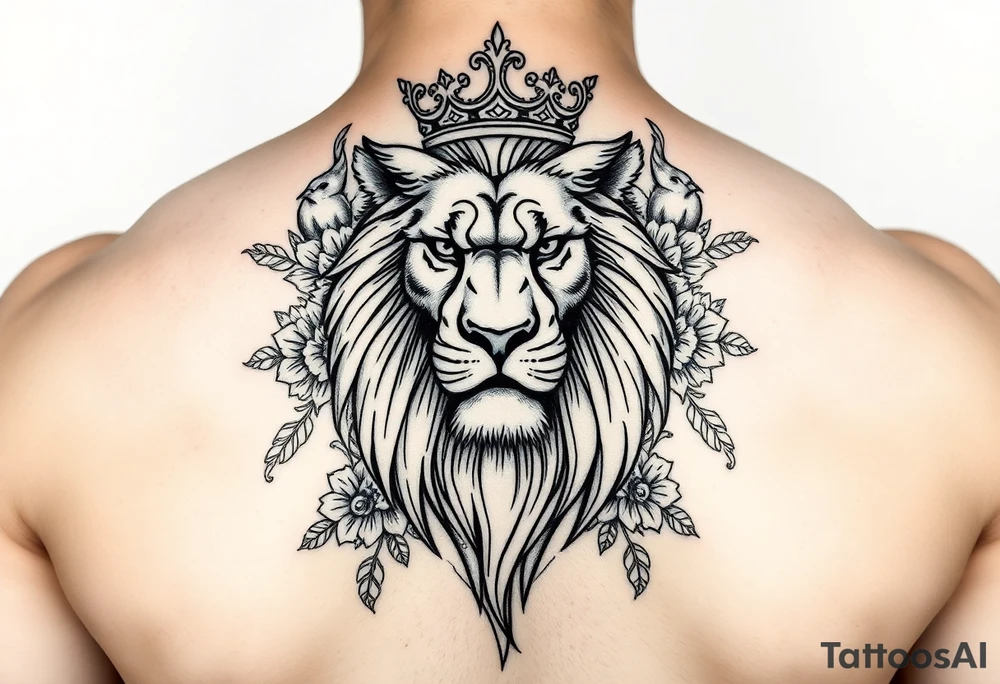 powerful majestic lion with a crown, surrounded by floral ornaments and birds tattoo idea