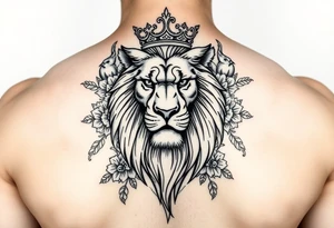 powerful majestic lion with a crown, surrounded by floral ornaments and birds tattoo idea