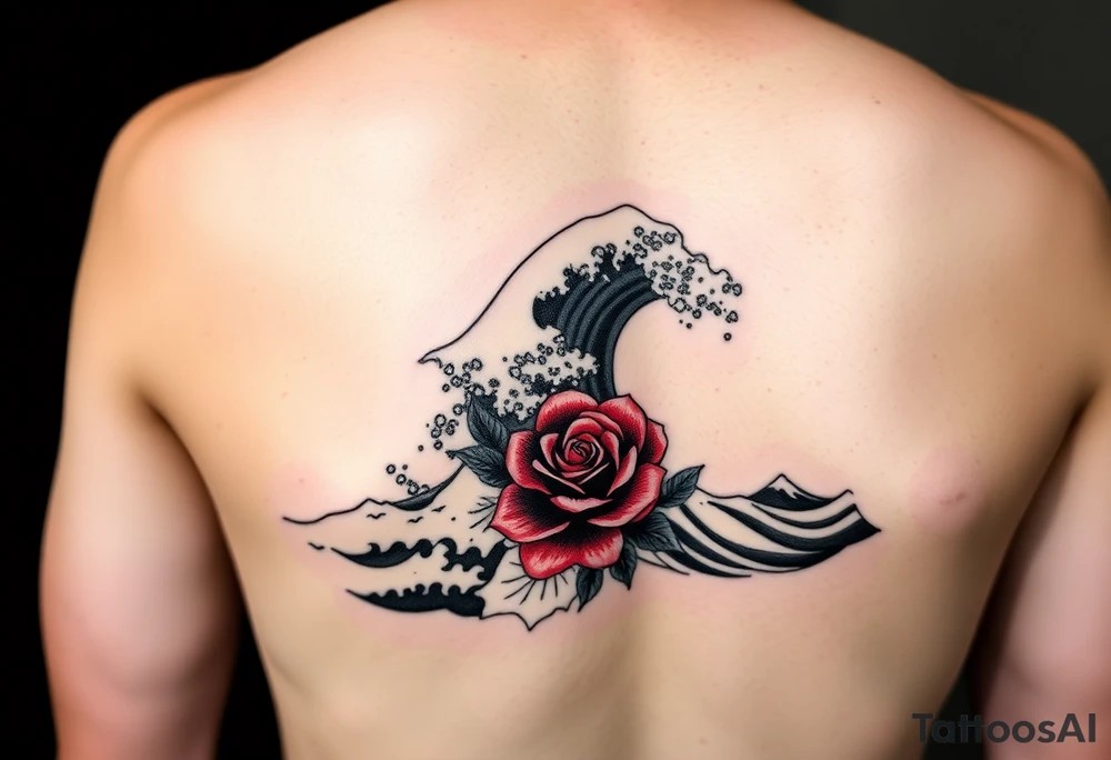 Arm tattoo of The Great Wave off Kanagawa in black and white with a beautiful red rose tattoo idea