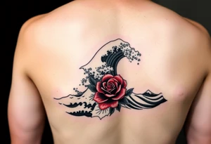 Arm tattoo of The Great Wave off Kanagawa in black and white with a beautiful red rose tattoo idea