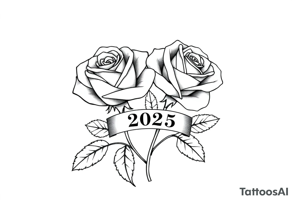 two beautiful large rose buds, one larger than the other, with many leaves next to the rose buds, with one sitting slightly higher than the other, side-by-side.  Include a banner connecting the two roses with the year 2025 on it.   Use dark outlines with little shading. No stems tattoo idea