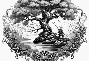 A mural with an water theme, a tree growing up out of the garden and a warrior defending tattoo idea