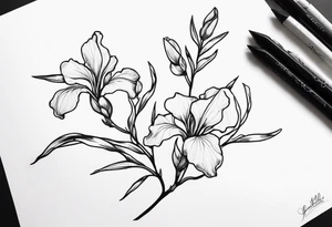 Laurel branch with iris flowers tattoo idea