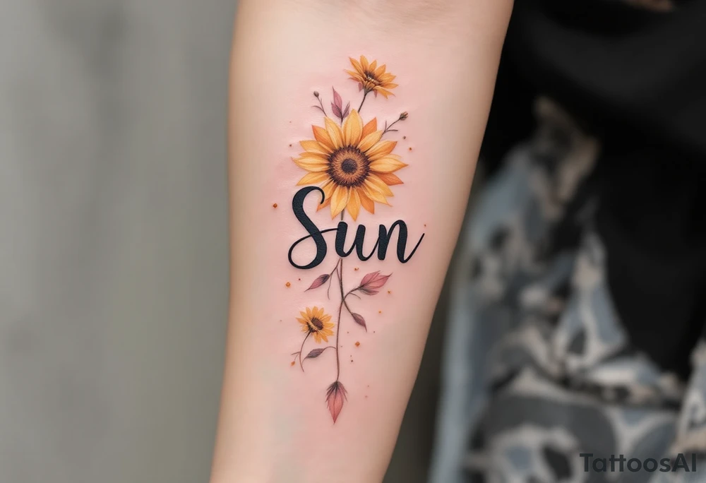 Word "Sun" written vertical with sunflower in pink tattoo idea