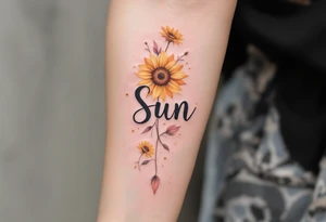 Word "Sun" written vertical with sunflower in pink tattoo idea