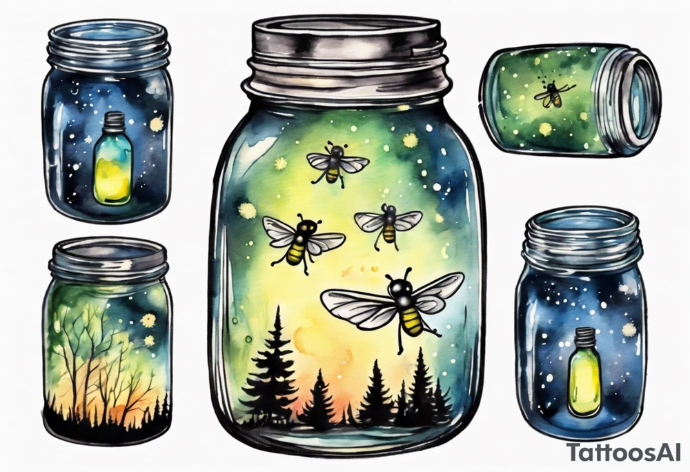 Fireflies flying out of a mason jar and all around the mason jar tattoo idea