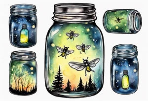 Fireflies flying out of a mason jar and all around the mason jar tattoo idea