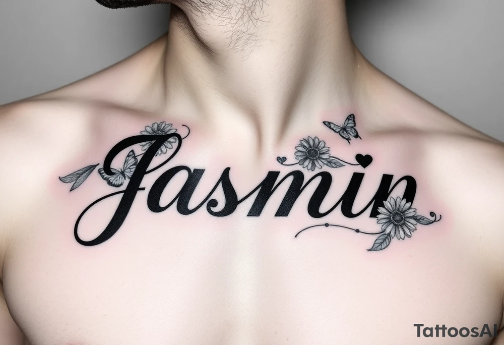 i need the name jasmin on the right side of a males chest, and with the letter “i” having a heart as the dot, and then i want some roses on the letter j and 3 sunflowers on the letter n and for it to be in cursive with some butterflies around it tattoo idea