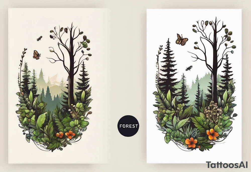 forest floor inspired minimalist tattoo, which includes grass, curly ferns, moss and dead leaves as the bulk of the tattoo. details to include: forest berries, a tiny bumblebee flying nearby, three small brown mushrooms
Generate a vertically long one tattoo idea