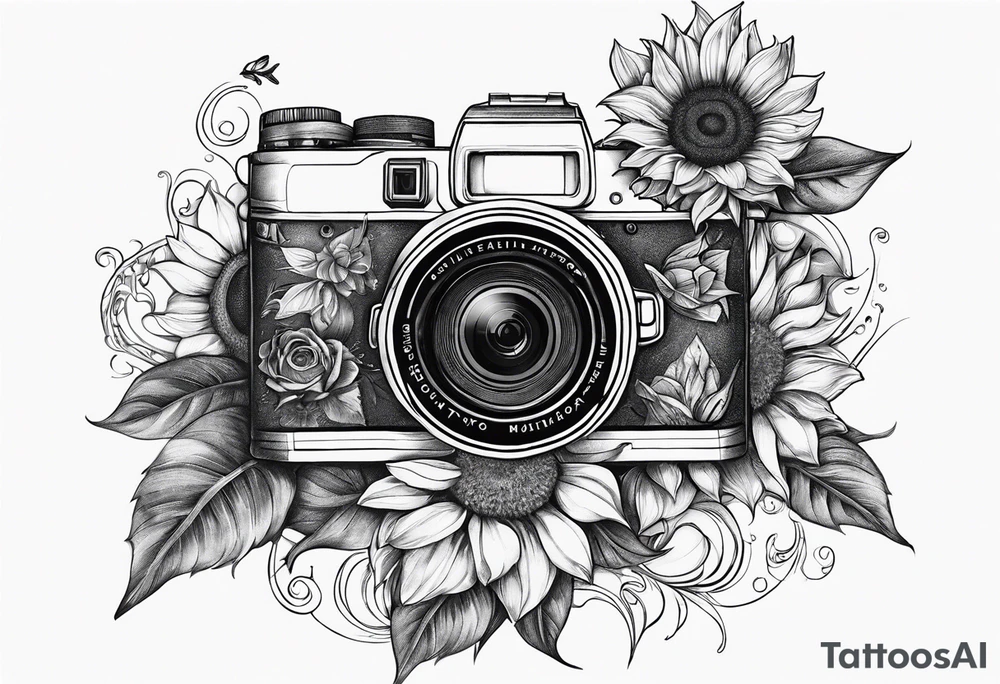 sunflower, camera, fish, flower rose tattoo idea