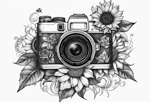 sunflower, camera, fish, flower rose tattoo idea
