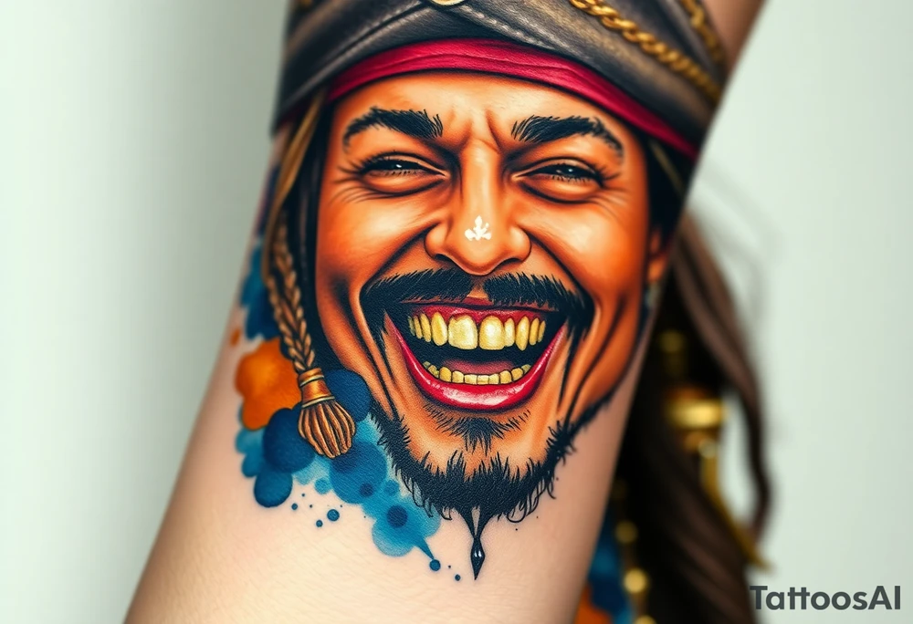 Jack Sparrow laughing wildly, his gold-toothed grin visible, with soft watercolor splashes of rum-colored amber and navy blue behind him tattoo idea