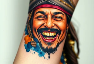 Jack Sparrow laughing wildly, his gold-toothed grin visible, with soft watercolor splashes of rum-colored amber and navy blue behind him tattoo idea