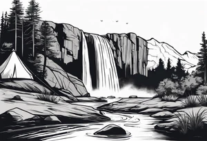 waterfall going into a river with a camp site in Australia tattoo idea